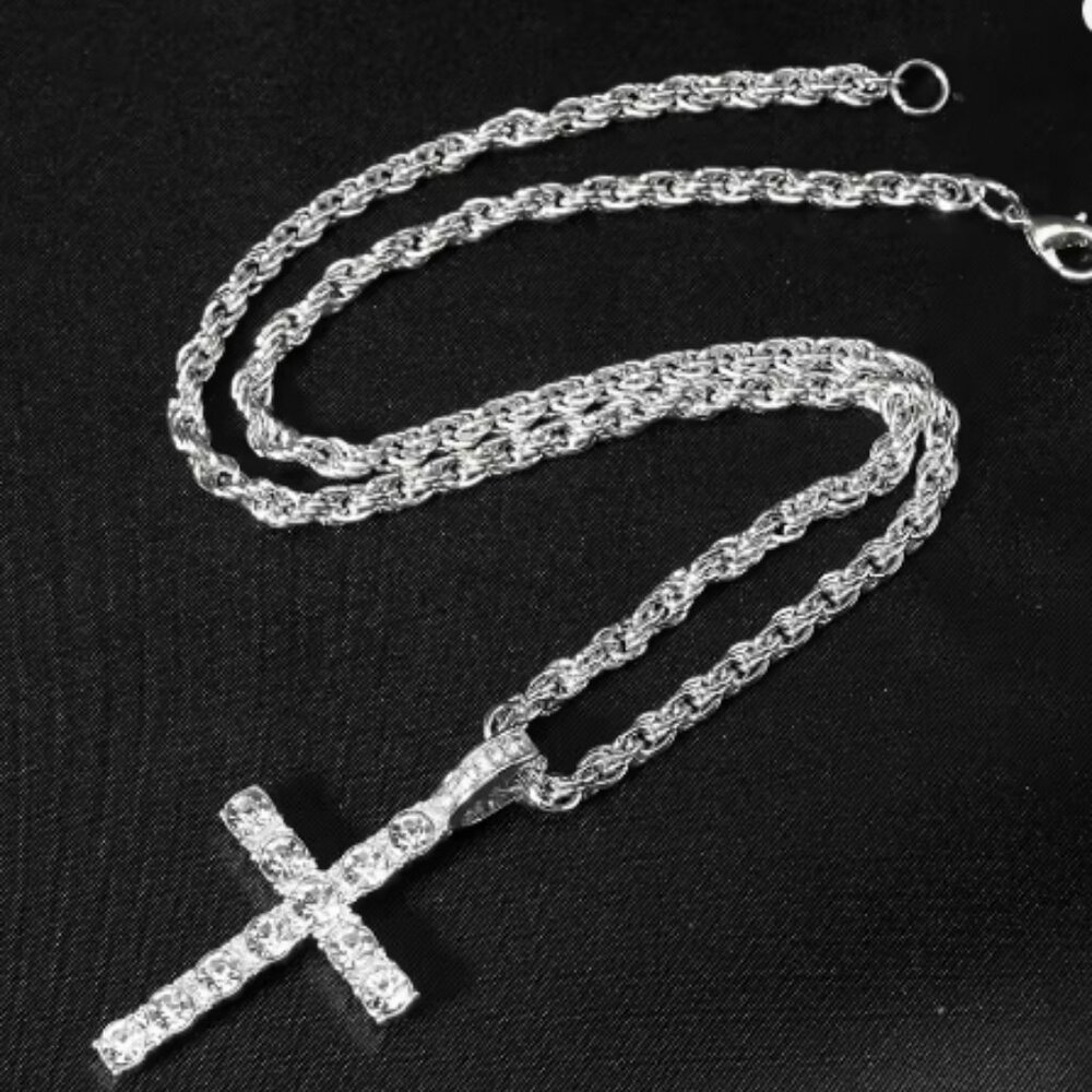 Hip Hop Iced Out Cross Pendant Necklace Strap 4mm Zircon Tennis Chain Men Women
